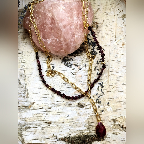 Natural Ruby Chips In 2-Strand Paperclip Necklace W/ Genuine Ruby Pendant - Picture 9 of 12